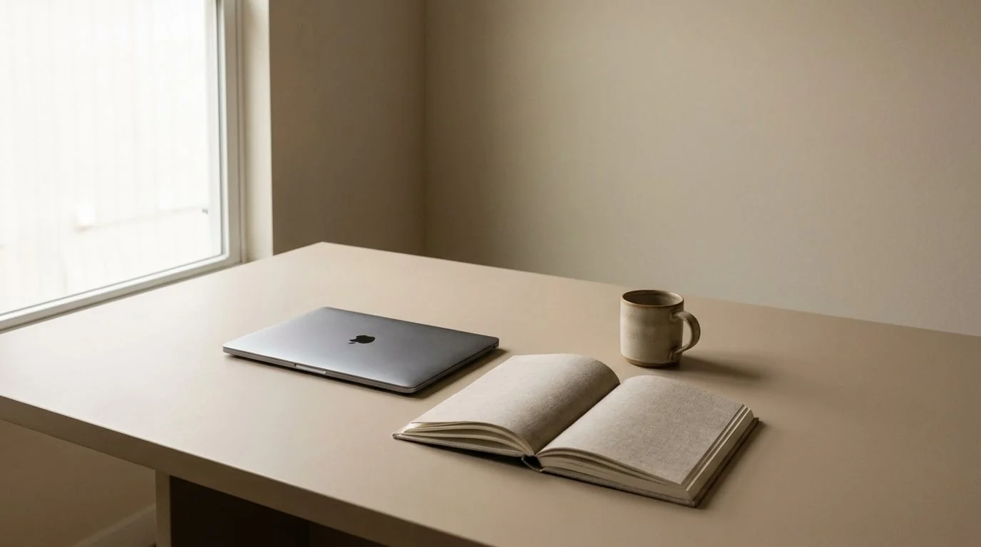 A small desk workspace with a laptop, a notebook and a mug