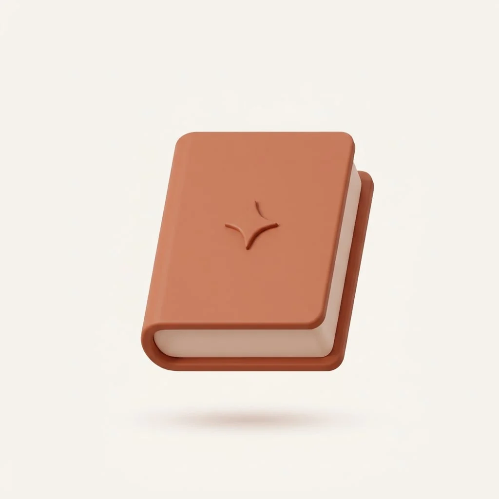 A closed book with a small spark embossed on the cover