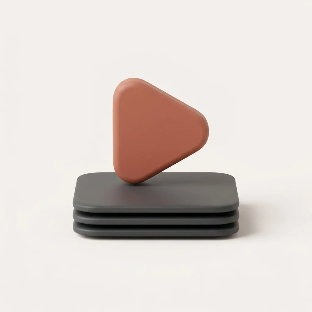 A play button resting on a short stack of flat cards