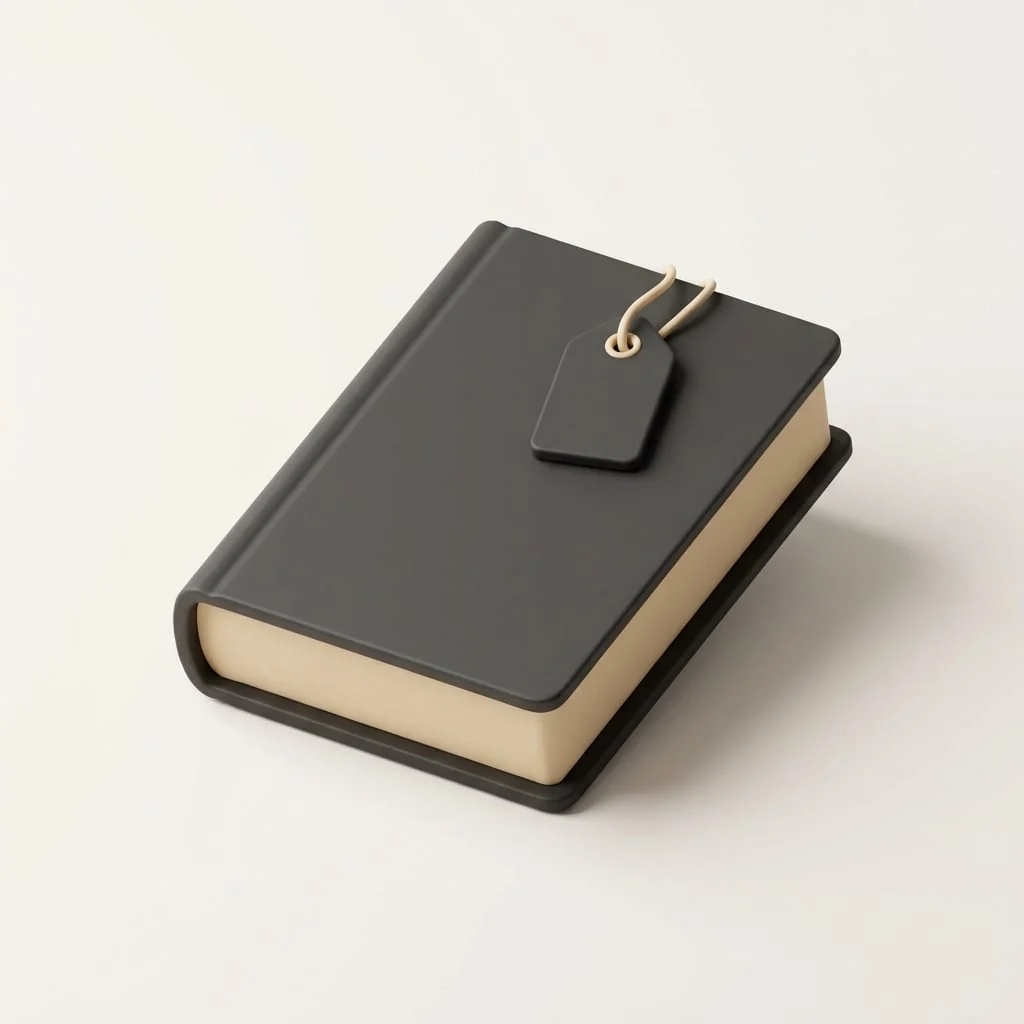A closed book with a small price tag resting on top