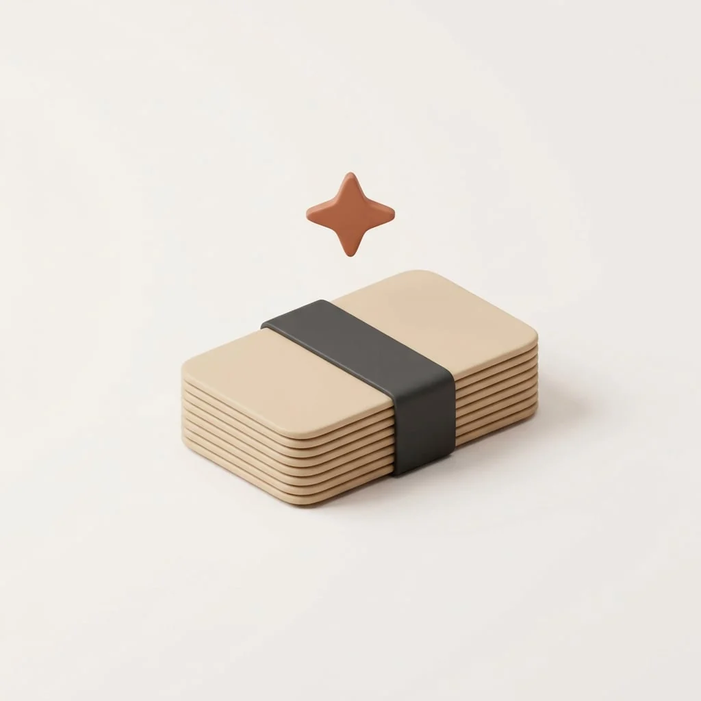 A stack of index cards bound together beneath a small spark icon